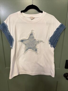 Women’s White Tee with Distressed Denim Star and Sleeve Accents